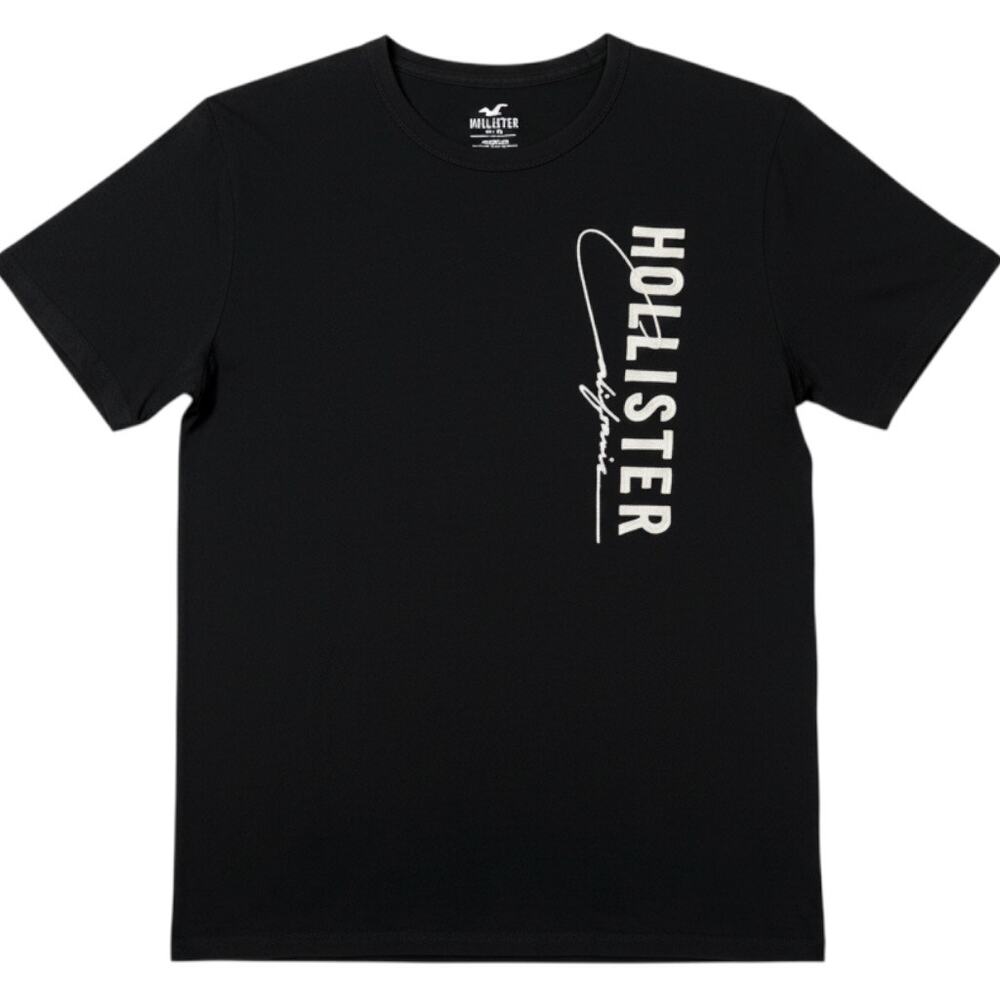 Hollister Mens T-Shirt Medium Black White Embroidered Big Logo Streetwear Casual